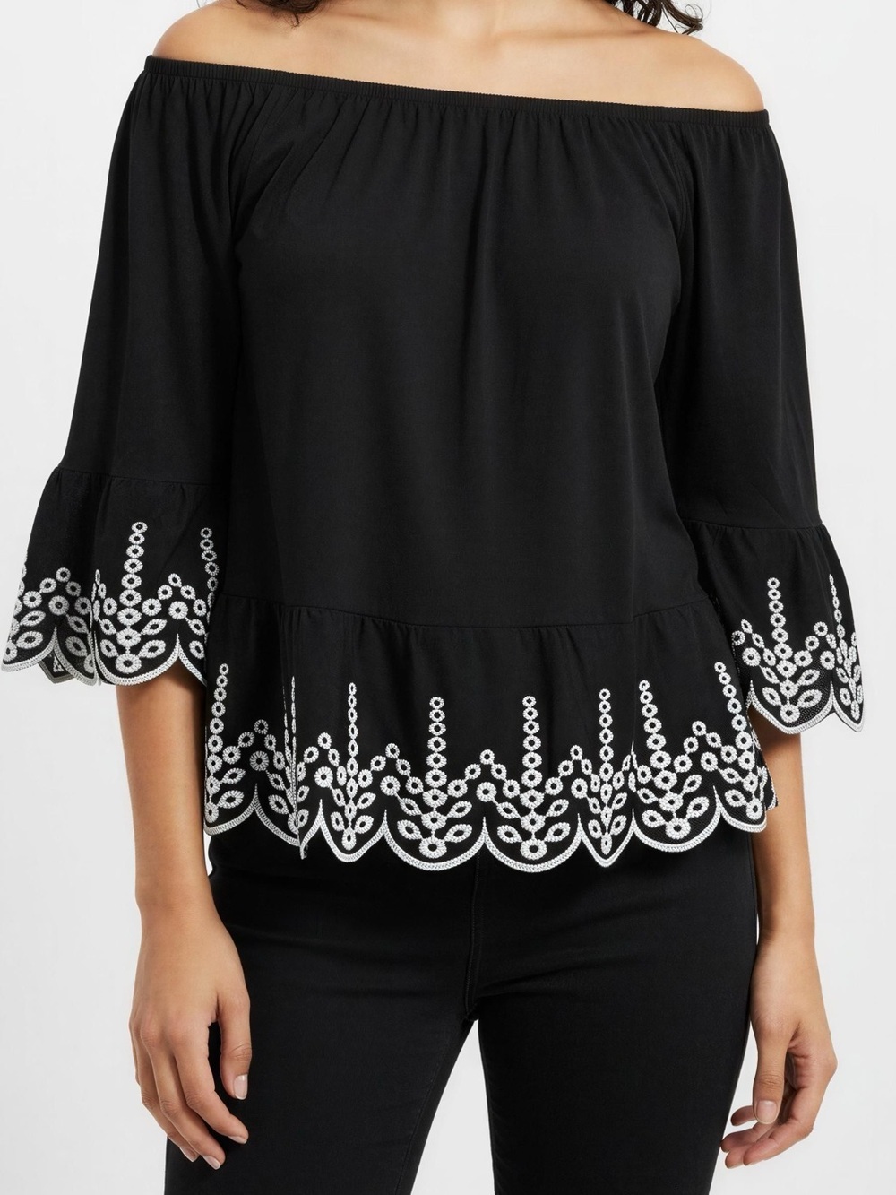 Fever Boho Black Embroidered Peasant Blouse 3/4 Bell Sleeve Eyelet Scallop Hem L
